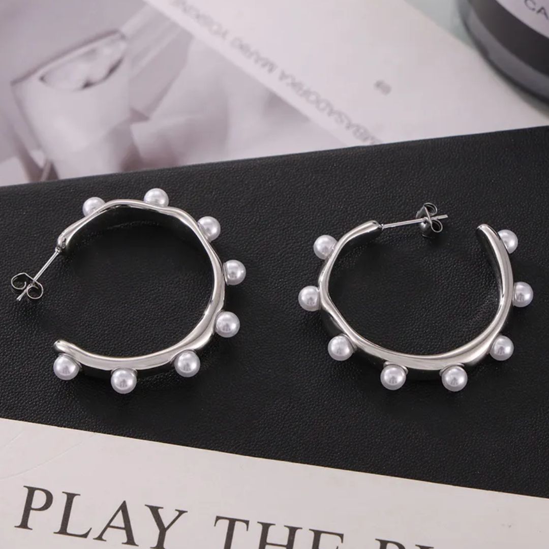 Elle pearl hoops earrings in silver